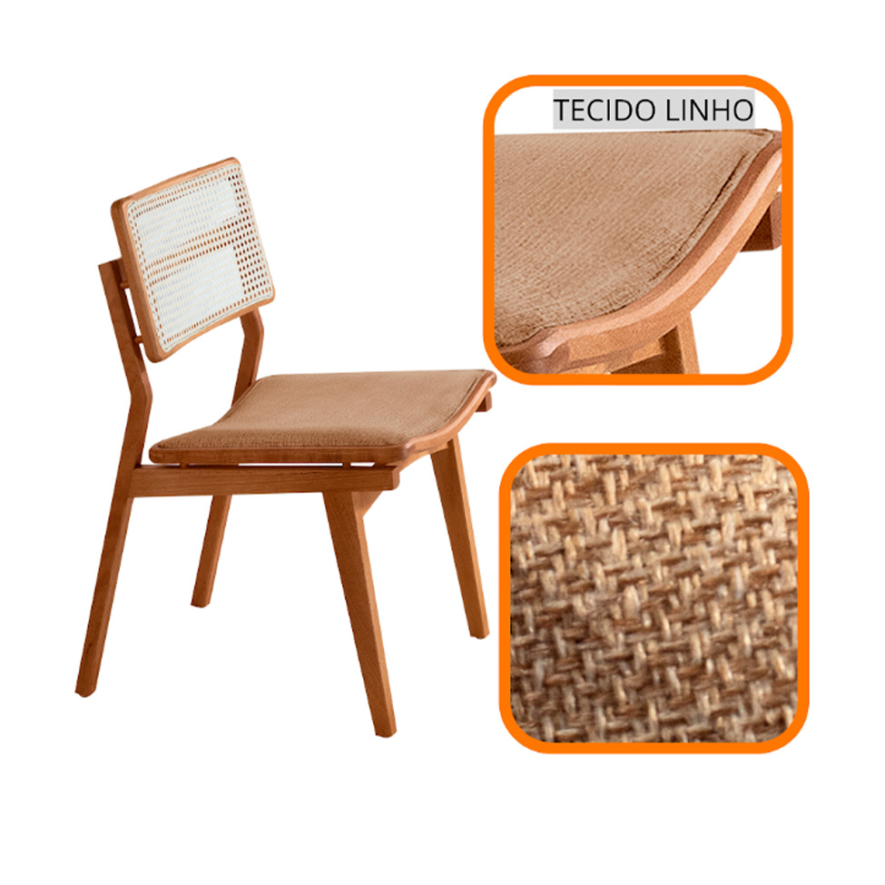 Conjunto de Mesa Retangular com Tampo Laminado Alana e 6 Cadeiras Lea Premium Linho Palha e Imbuia