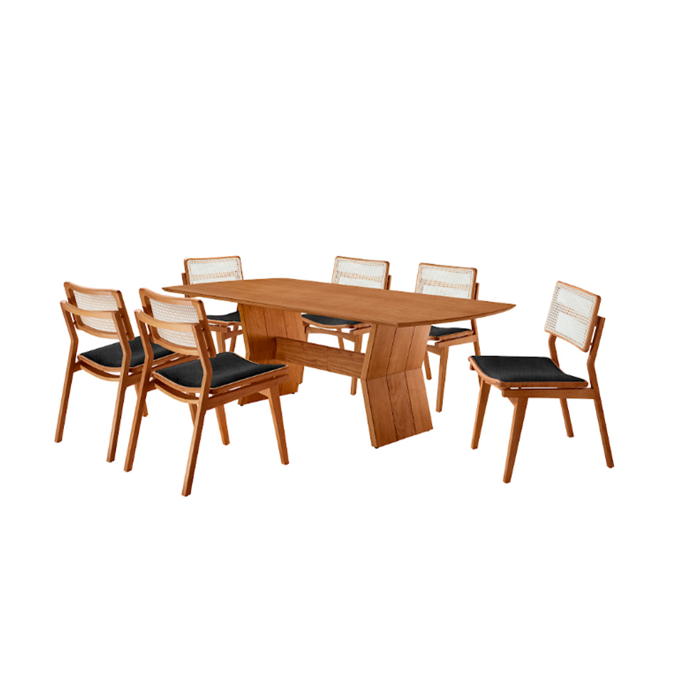 Conjunto de Mesa Retangular com Tampo Laminado Alana e 6 Cadeiras Lea Premium Linho Preto e Imbuia
