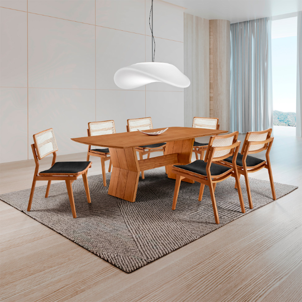 Conjunto de Mesa Retangular com Tampo Laminado Alana e 6 Cadeiras Lea Premium Linho Preto e Imbuia