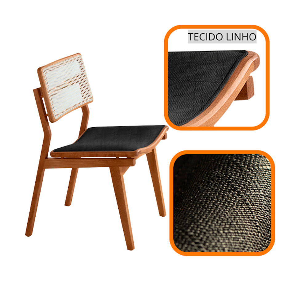 Conjunto de Mesa Retangular com Tampo Laminado Alana e 6 Cadeiras Lea Premium Linho Preto e Imbuia