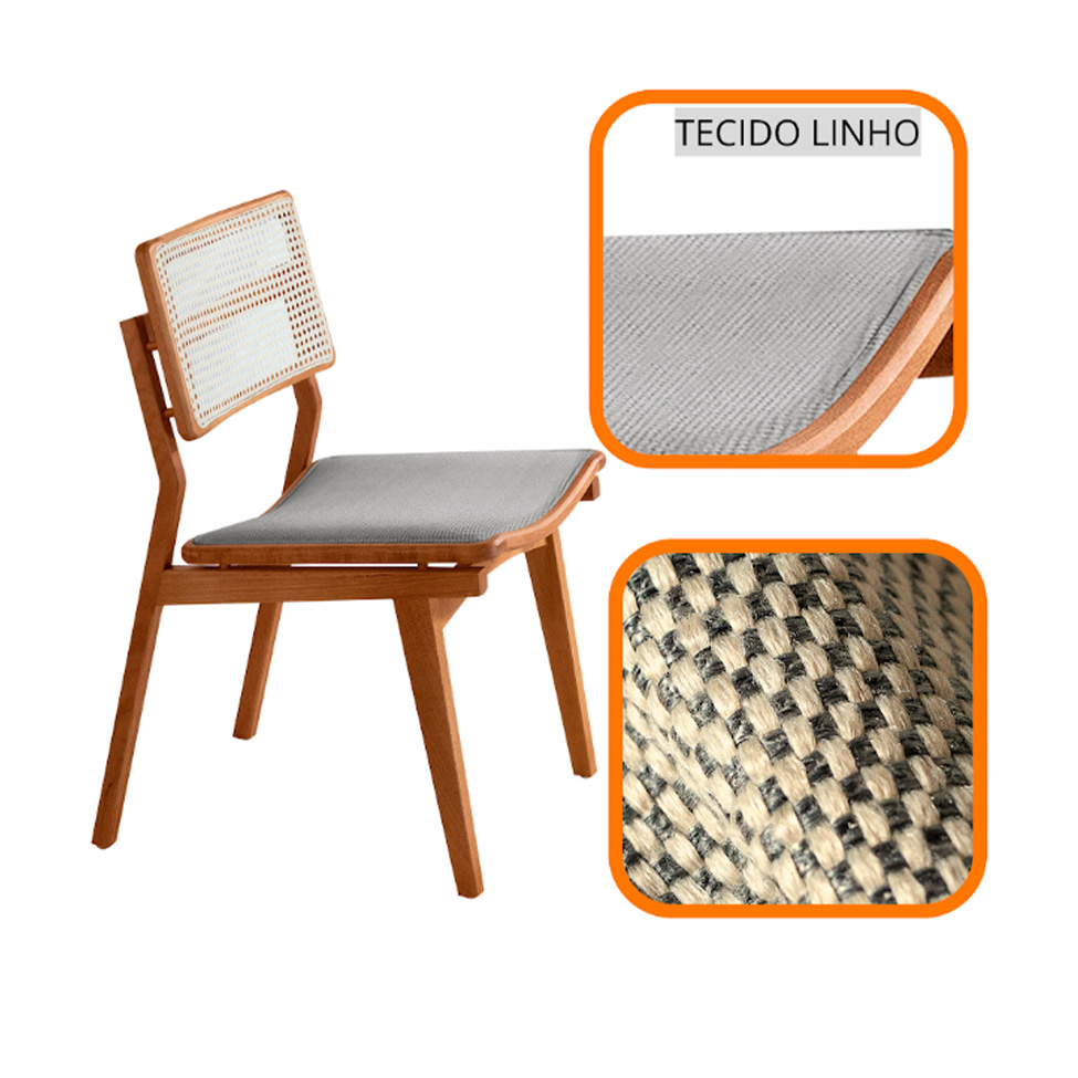 Conjunto de Mesa Retangular com Tampo Laminado Alana e 6 Cadeiras Lea Premium Linho Quartzo e Imbuia