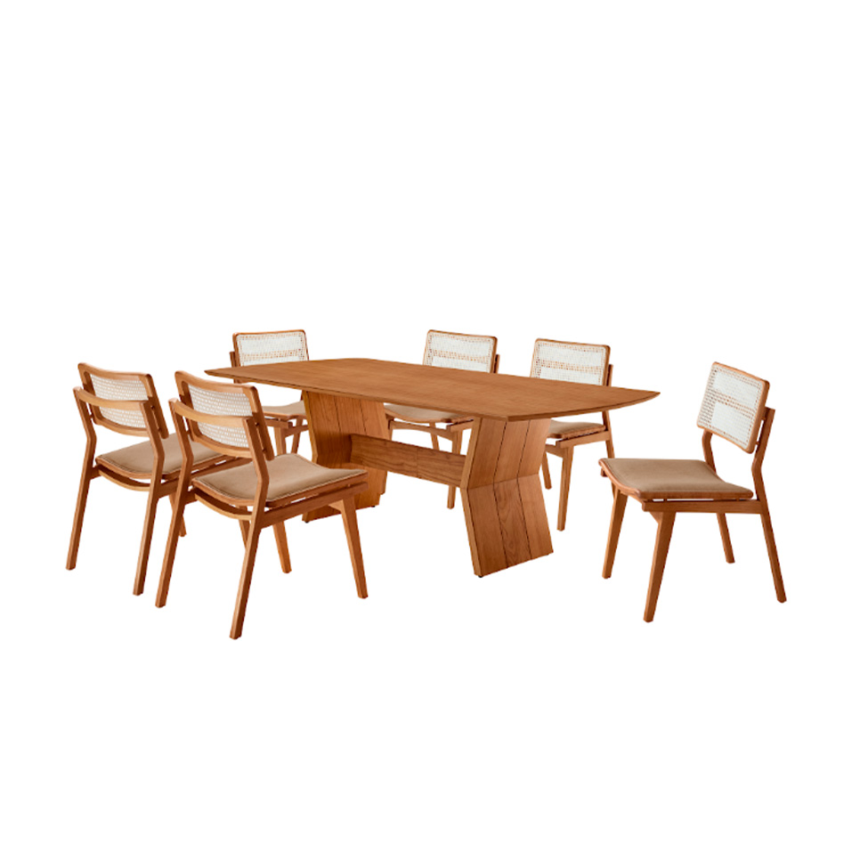 Conjunto de Mesa Retangular com Tampo Laminado Alana e 6 Cadeiras Lea Premium Linho Turim e Imbuia