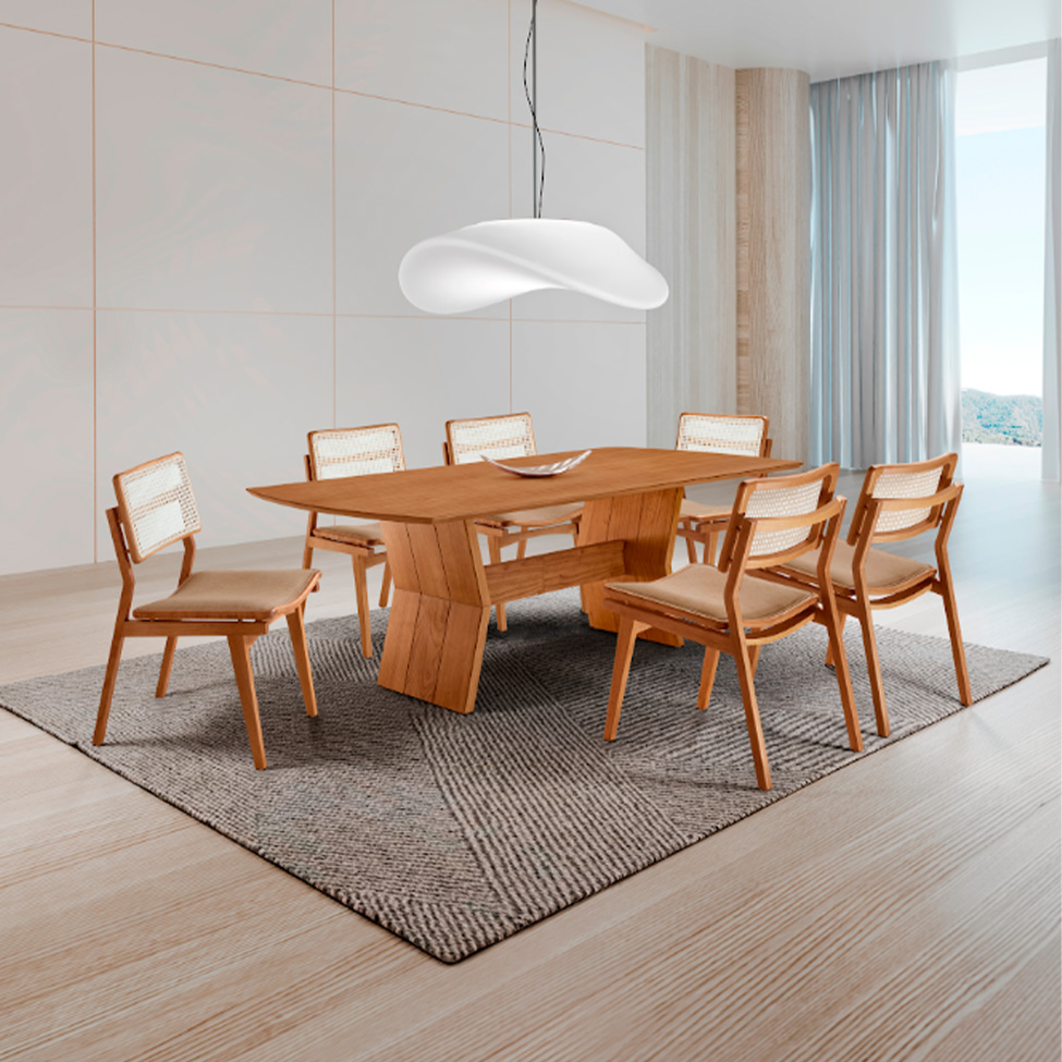 Conjunto de Mesa Retangular com Tampo Laminado Alana e 6 Cadeiras Lea Premium Linho Turim e Imbuia