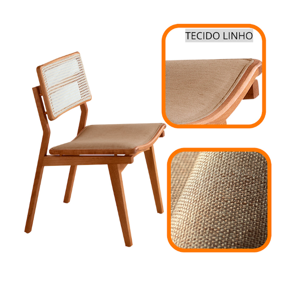 Conjunto de Mesa Retangular com Tampo Laminado Alana e 6 Cadeiras Lea Premium Linho Turim e Imbuia