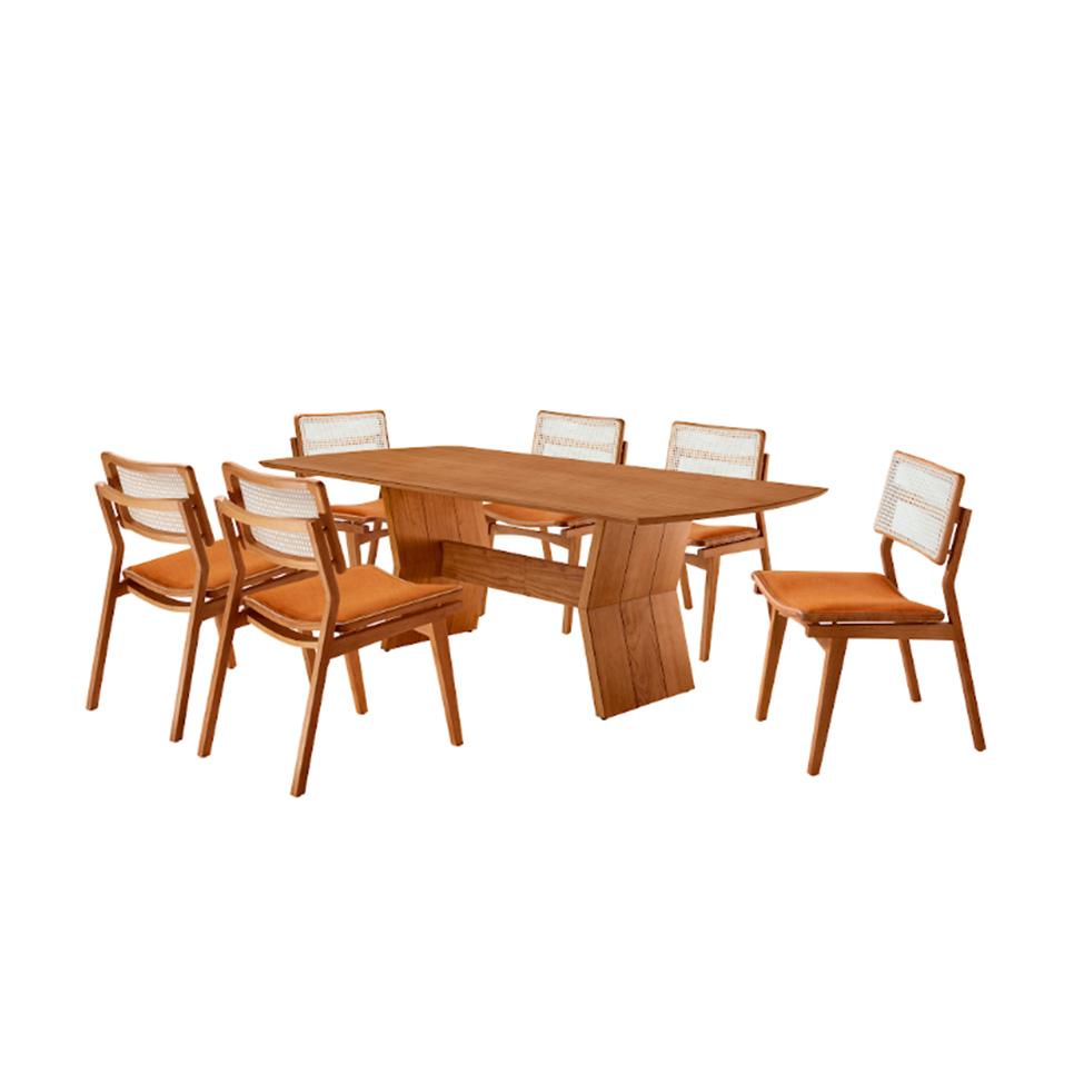 Conjunto de Mesa Retangular com Tampo Laminado Alana e 6 Cadeiras Lea Premium Tecido Sintético Caramelo e Imbuia
