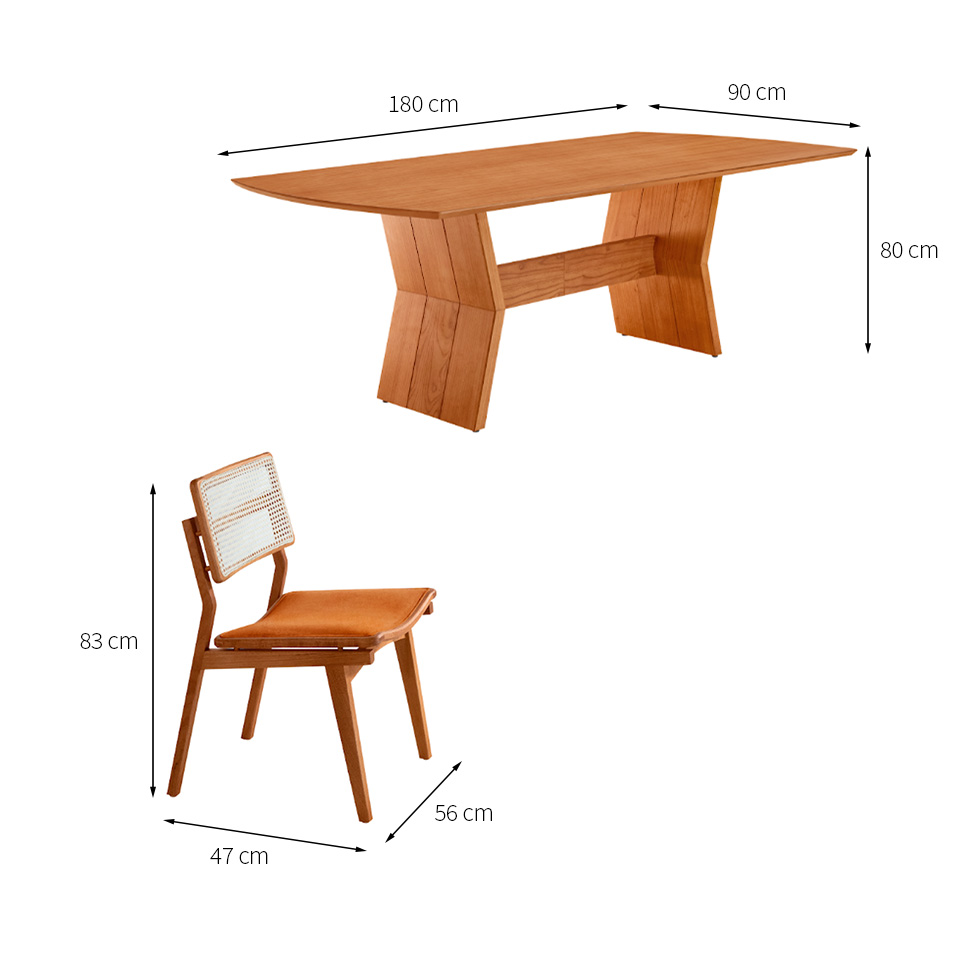 Conjunto de Mesa Retangular com Tampo Laminado Alana e 6 Cadeiras Lea Premium Tecido Sintético Caramelo e Imbuia