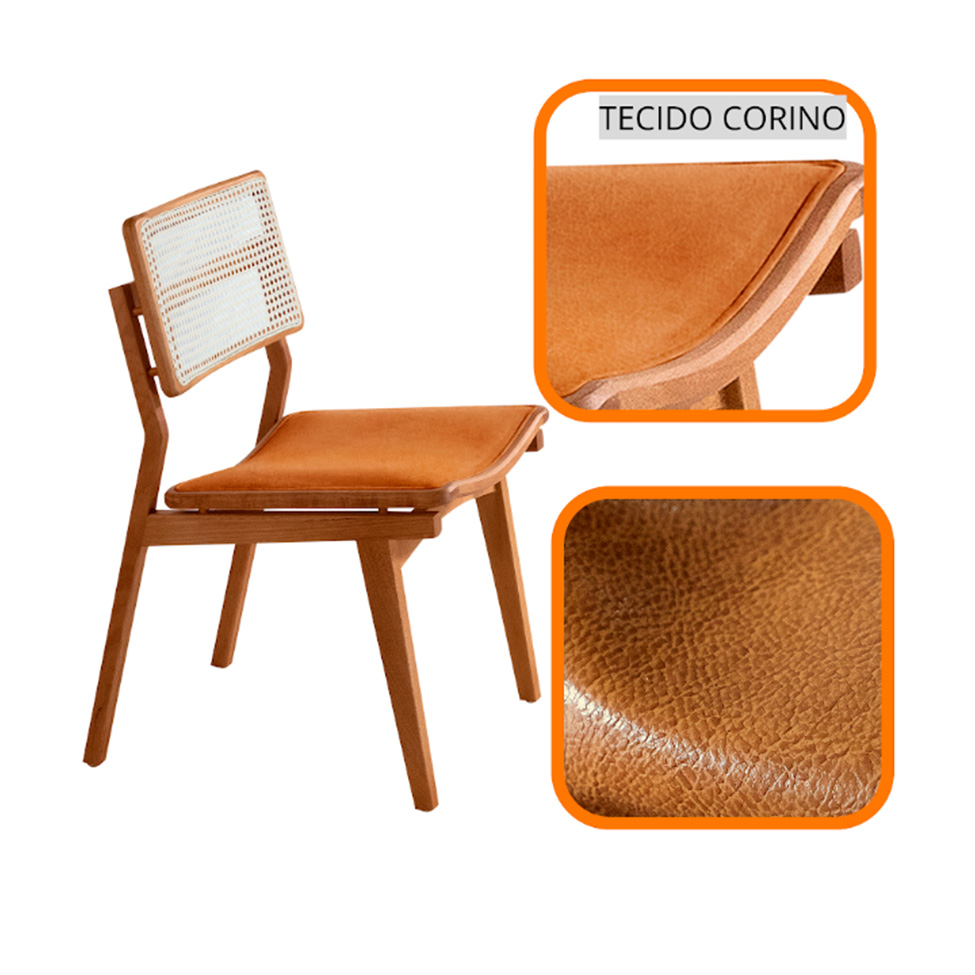 Conjunto de Mesa Retangular com Tampo Laminado Alana e 6 Cadeiras Lea Premium Tecido Sintético Caramelo e Imbuia