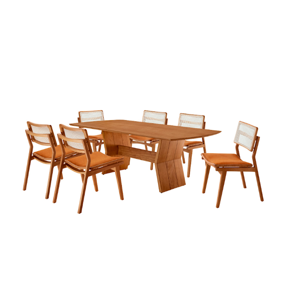 Conjunto de Mesa Retangular com Tampo Laminado Alana e 6 Cadeiras Lea Premium Tecido Sintético Puce e Imbuia