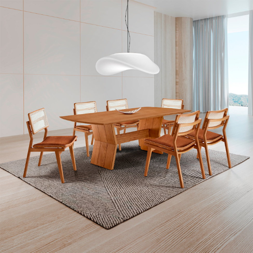 Conjunto de Mesa Retangular com Tampo Laminado Alana e 6 Cadeiras Lea Premium Tecido Sintético Puce e Imbuia