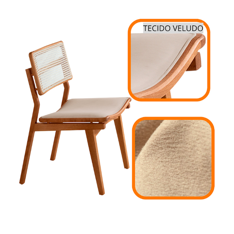 Conjunto de Mesa Retangular com Tampo Laminado Alana e 6 Cadeiras Lea Premium Veludo Bege e Imbuia