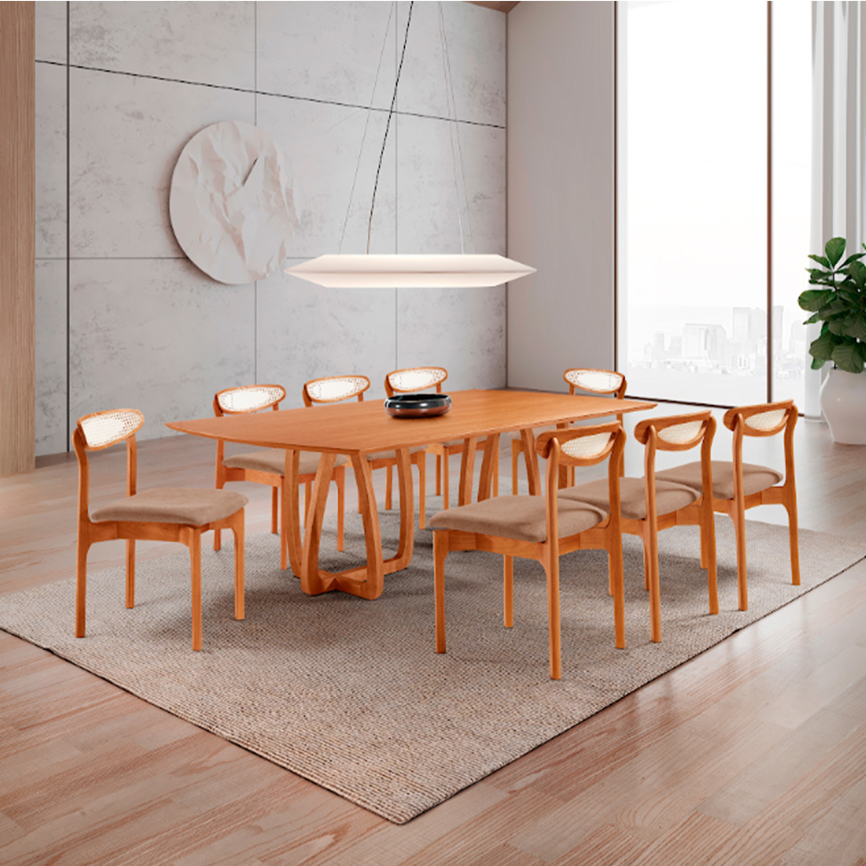 Conjunto de Mesa Retangular com Tampo Laminado Bellagio e 6 Cadeiras Itália Premium Linho Atacama e Cinamomo