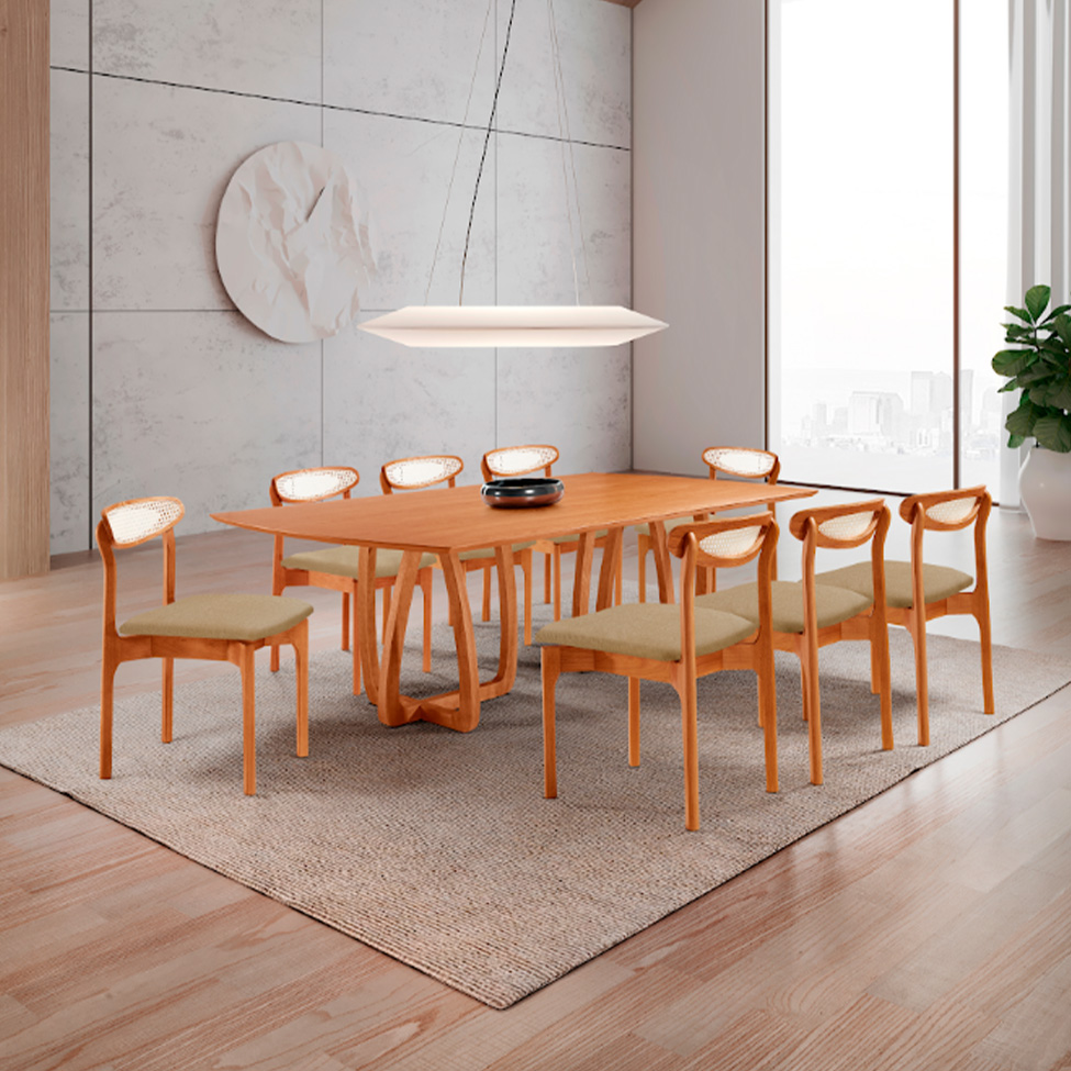 Conjunto de Mesa Retangular com Tampo Laminado Bellagio e 6 Cadeiras Itália Premium Linho Âmbar e Cinamomo