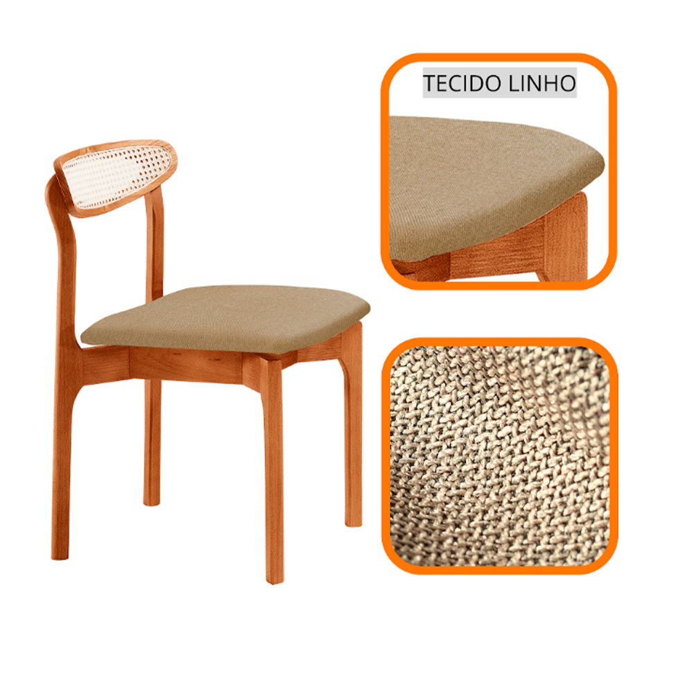 Conjunto de Mesa Retangular com Tampo Laminado Bellagio e 6 Cadeiras Itália Premium Linho Âmbar e Cinamomo