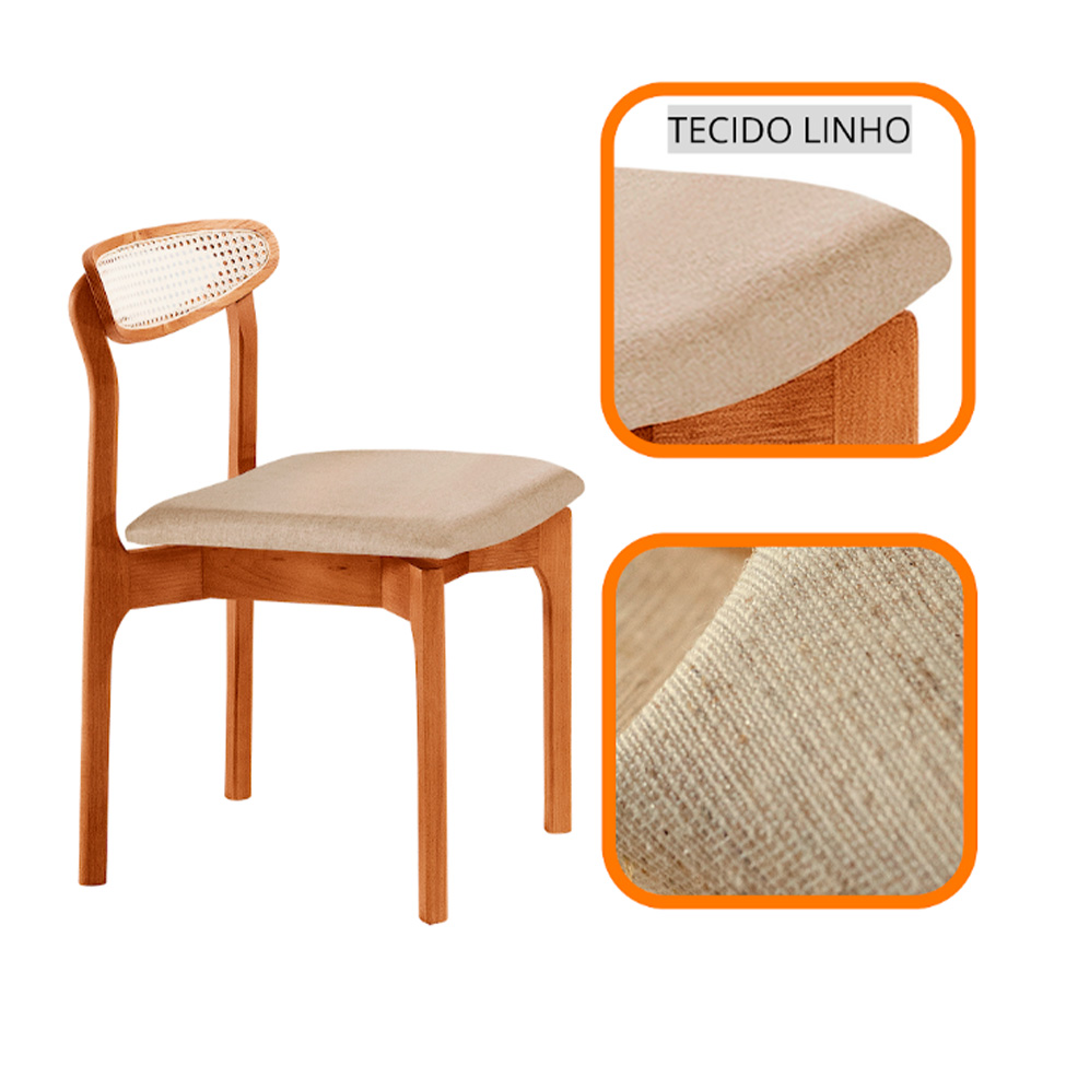 Conjunto de Mesa Retangular com Tampo Laminado Bellagio e 6 Cadeiras Itália Premium Linho Off White e Cinamomo