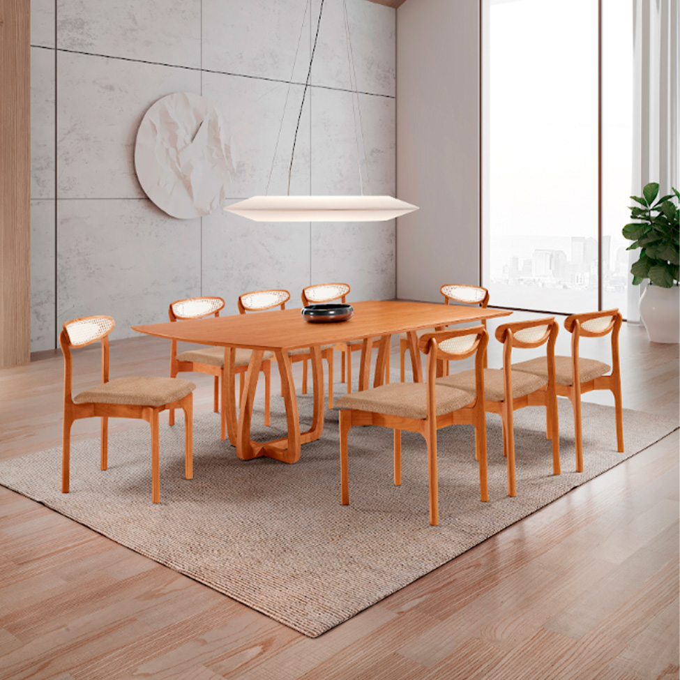Conjunto de Mesa Retangular com Tampo Laminado Bellagio e 6 Cadeiras Itália Premium Linho Palha e Cinamomo