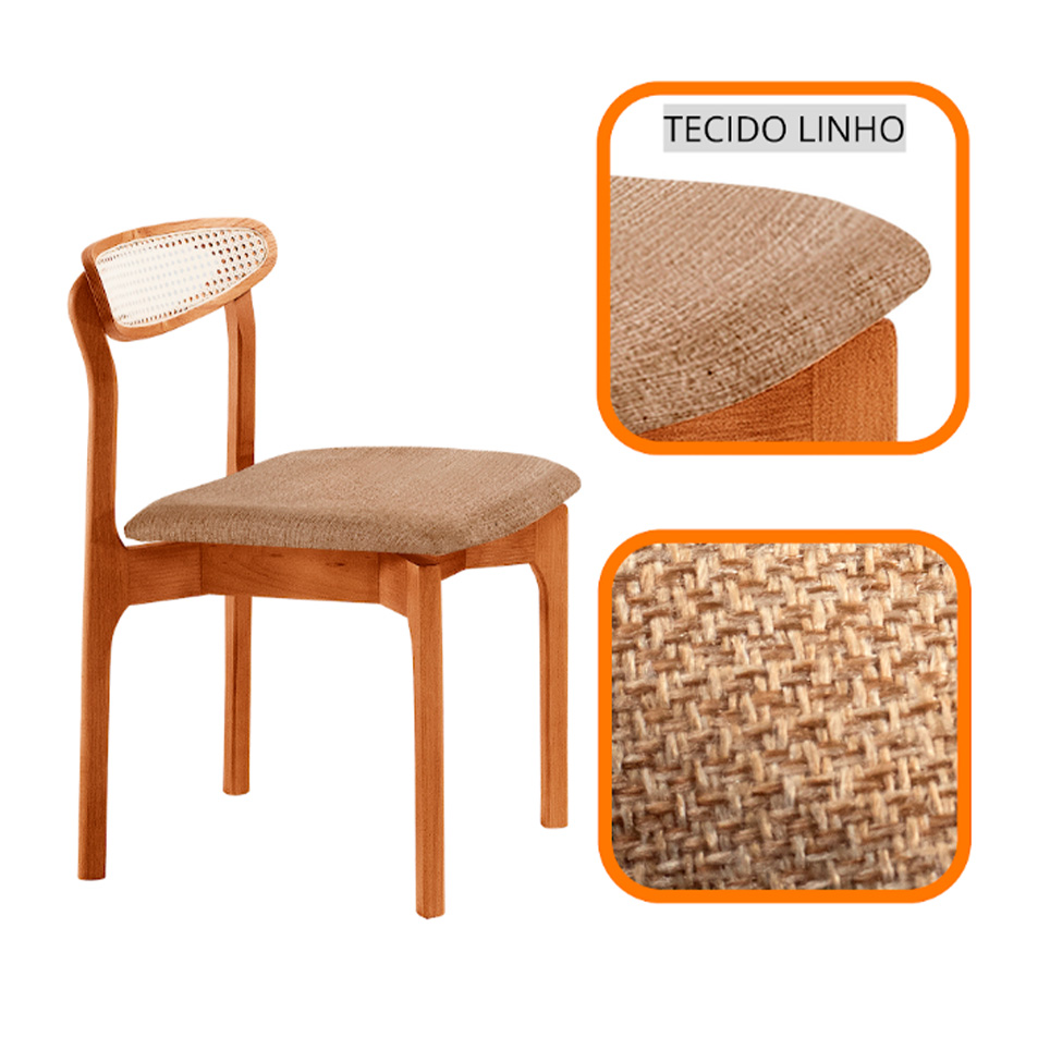 Conjunto de Mesa Retangular com Tampo Laminado Bellagio e 6 Cadeiras Itália Premium Linho Palha e Cinamomo