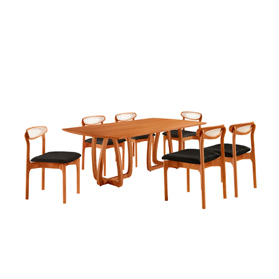 Conjunto de Mesa Retangular com Tampo Laminado Bellagio e 6 Cadeiras Itália Premium Linho Preto e Cinamomo