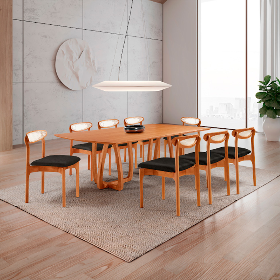 Conjunto de Mesa Retangular com Tampo Laminado Bellagio e 6 Cadeiras Itália Premium Linho Preto e Cinamomo