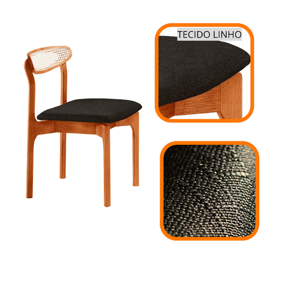 Conjunto de Mesa Retangular com Tampo Laminado Bellagio e 6 Cadeiras Itália Premium Linho Preto e Cinamomo