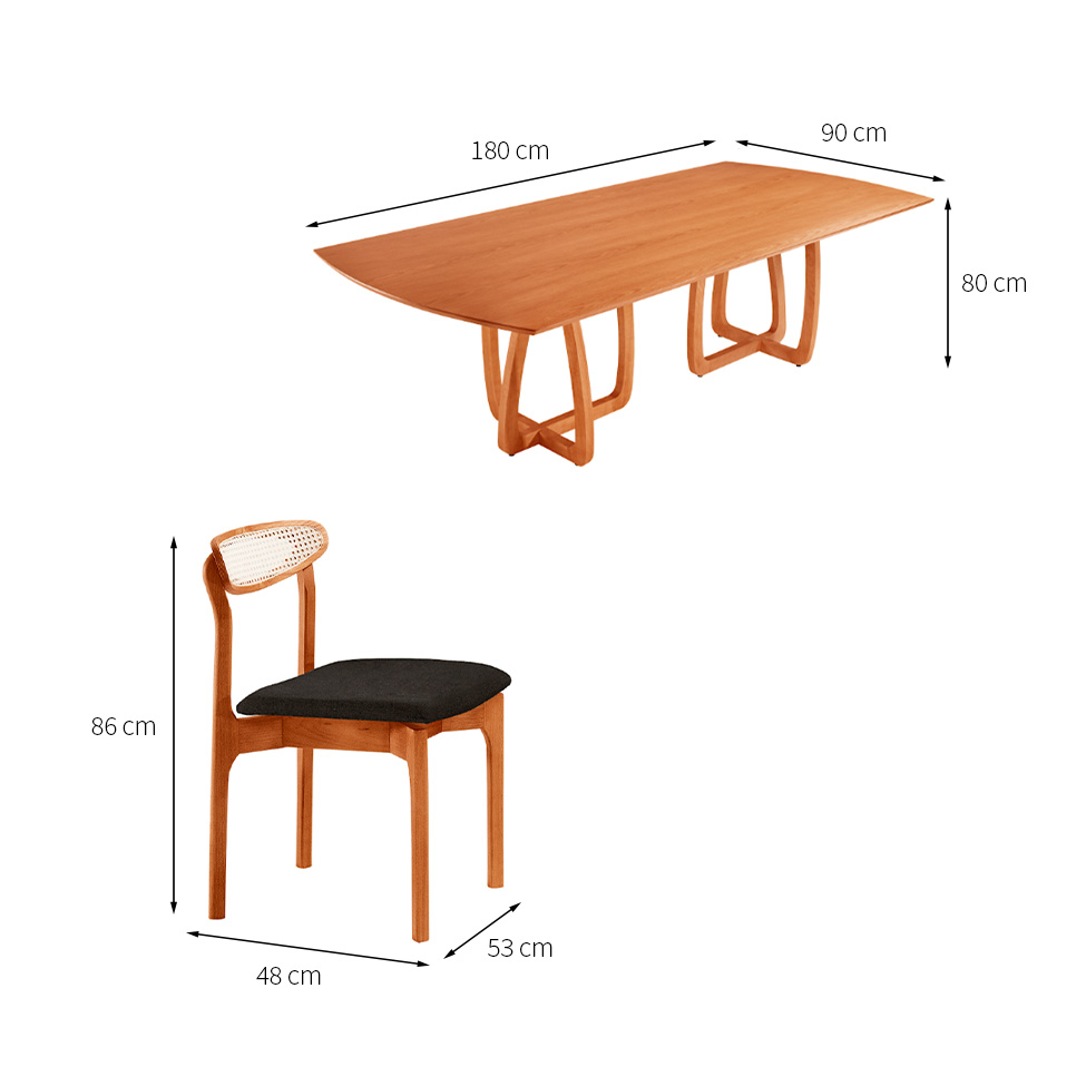 Conjunto de Mesa Retangular com Tampo Laminado Bellagio e 6 Cadeiras Itália Premium Linho Preto e Cinamomo