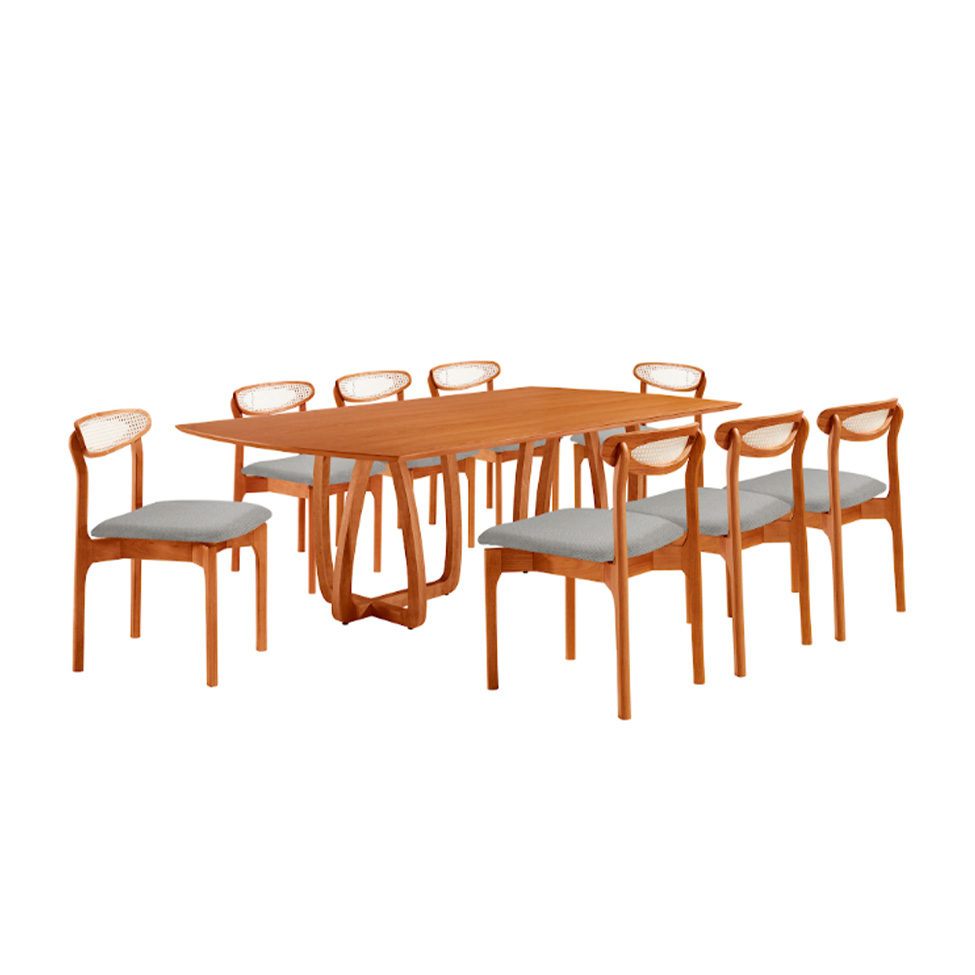 Conjunto de Mesa Retangular com Tampo Laminado Bellagio e 6 Cadeiras Itália Premium Linho Quartzo e Cinamomo