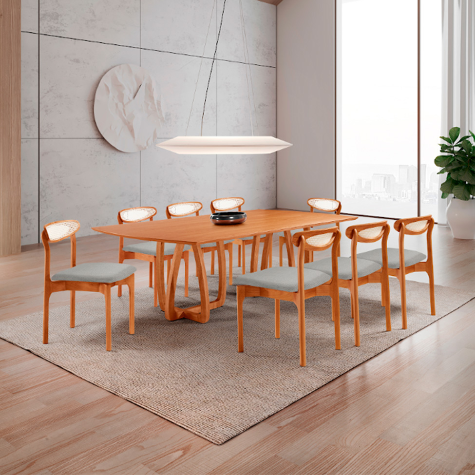 Conjunto de Mesa Retangular com Tampo Laminado Bellagio e 6 Cadeiras Itália Premium Linho Quartzo e Cinamomo