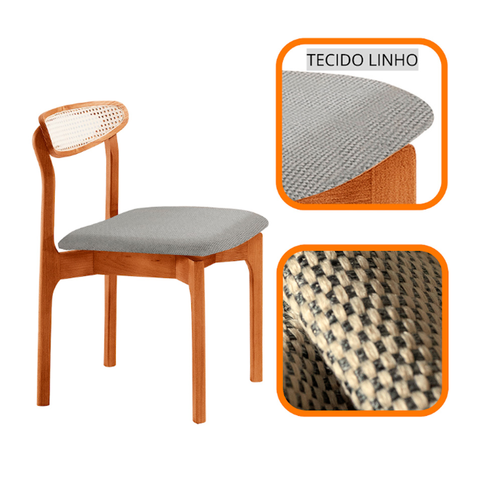 Conjunto de Mesa Retangular com Tampo Laminado Bellagio e 6 Cadeiras Itália Premium Linho Quartzo e Cinamomo