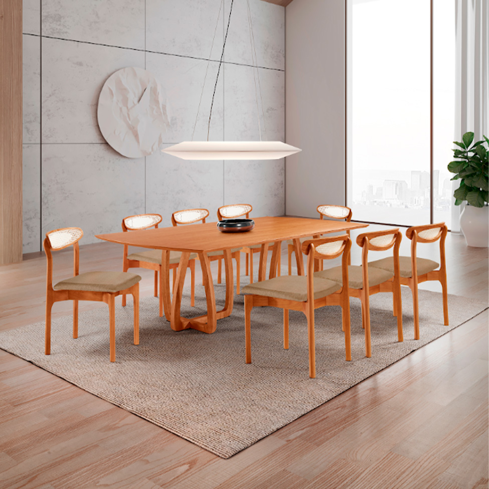 Conjunto de Mesa Retangular com Tampo Laminado Bellagio e 6 Cadeiras Itália Premium Linho Turim e Cinamomo