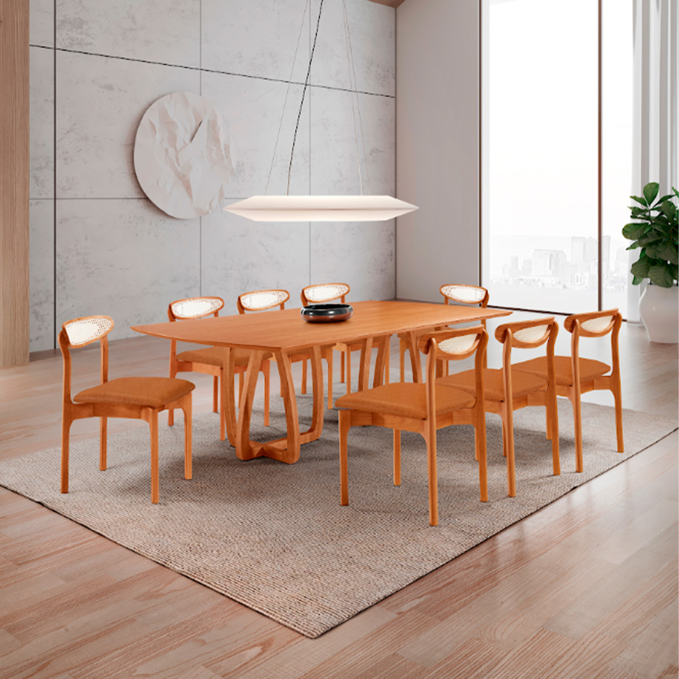Conjunto de Mesa Retangular com Tampo Laminado Bellagio e 6 Cadeiras Itália Premium Tecido Sintético Caramelo e Cinamomo