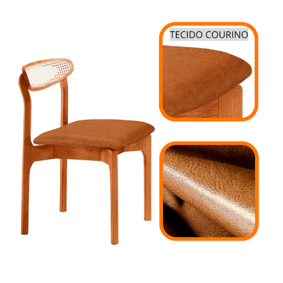Conjunto de Mesa Retangular com Tampo Laminado Bellagio e 6 Cadeiras Itália Premium Tecido Sintético Caramelo e Cinamomo