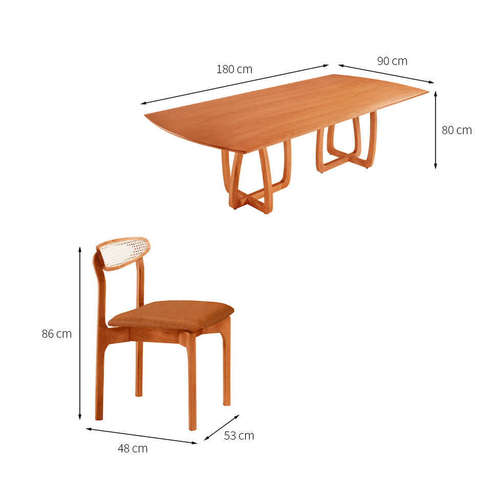 Conjunto de Mesa Retangular com Tampo Laminado Bellagio e 6 Cadeiras Itália Premium Tecido Sintético Caramelo e Cinamomo