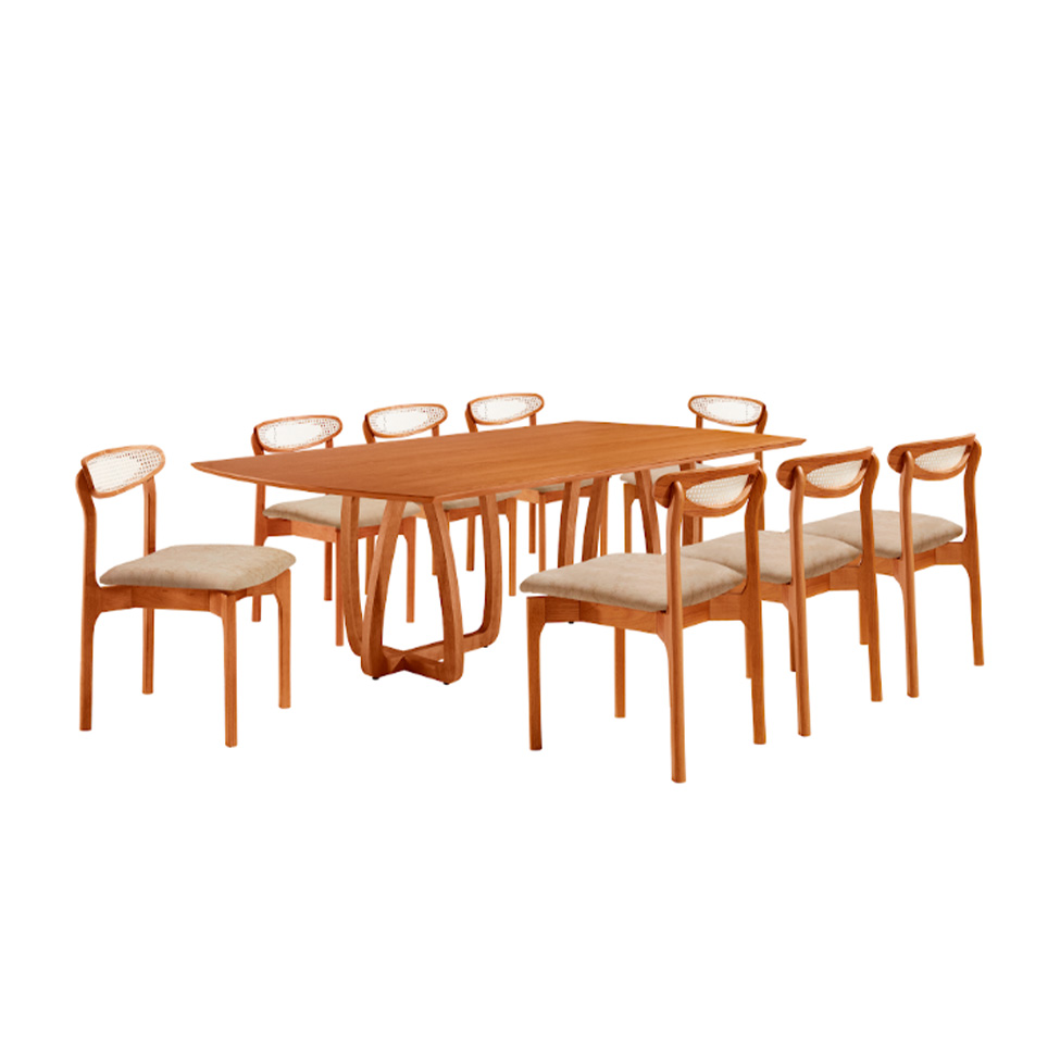 Conjunto de Mesa Retangular com Tampo Laminado Bellagio e 6 Cadeiras Itália Premium Tecido Sintético Milano e Cinamomo
