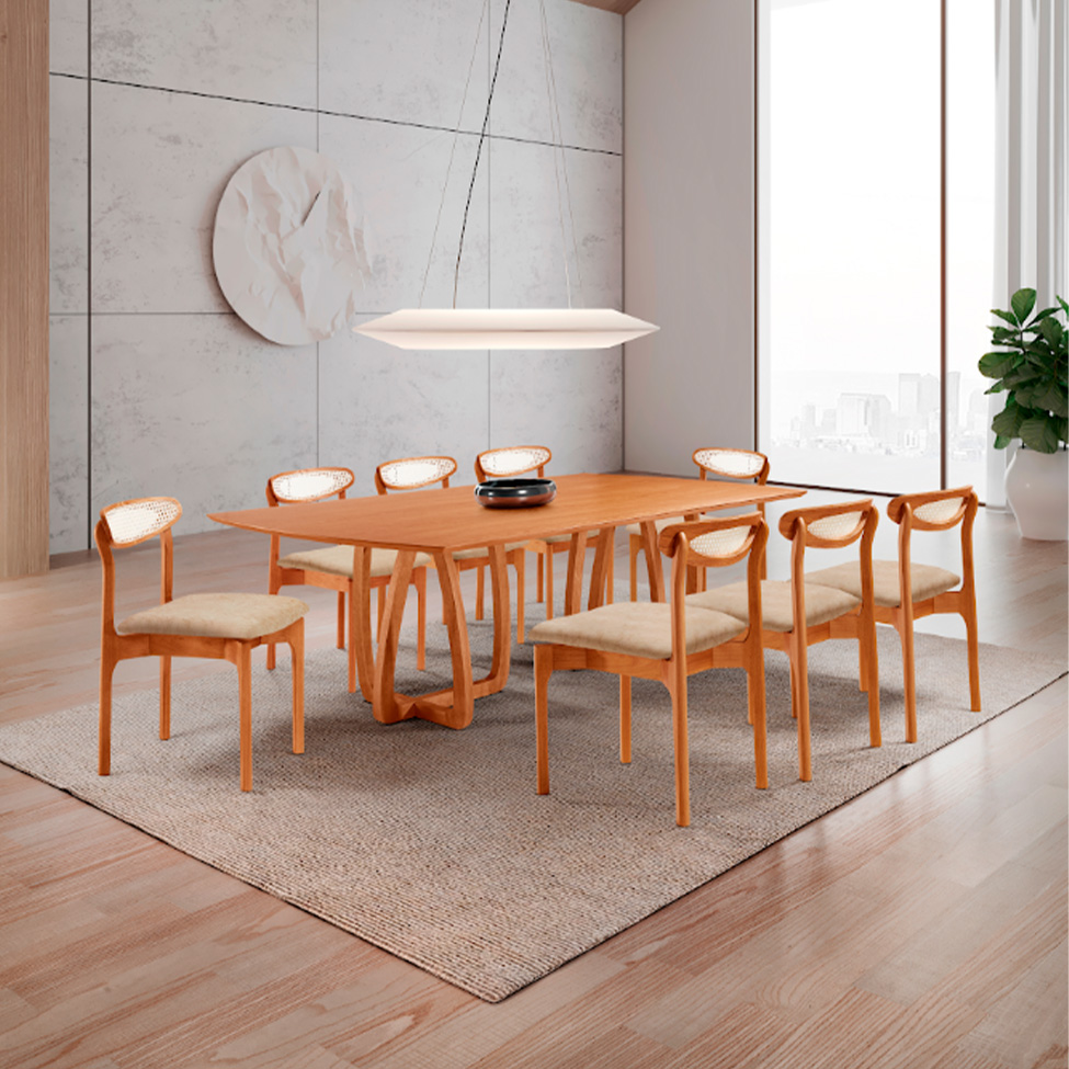Conjunto de Mesa Retangular com Tampo Laminado Bellagio e 6 Cadeiras Itália Premium Tecido Sintético Milano e Cinamomo
