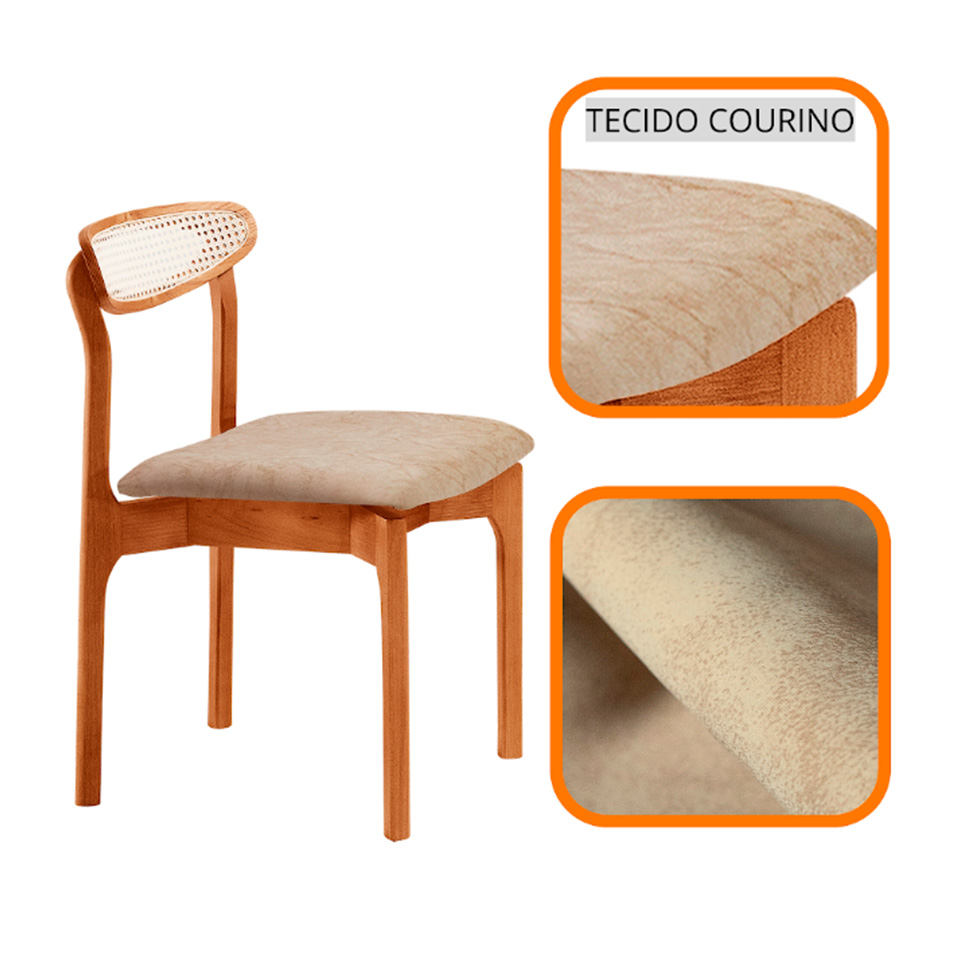 Conjunto de Mesa Retangular com Tampo Laminado Bellagio e 6 Cadeiras Itália Premium Tecido Sintético Milano e Cinamomo