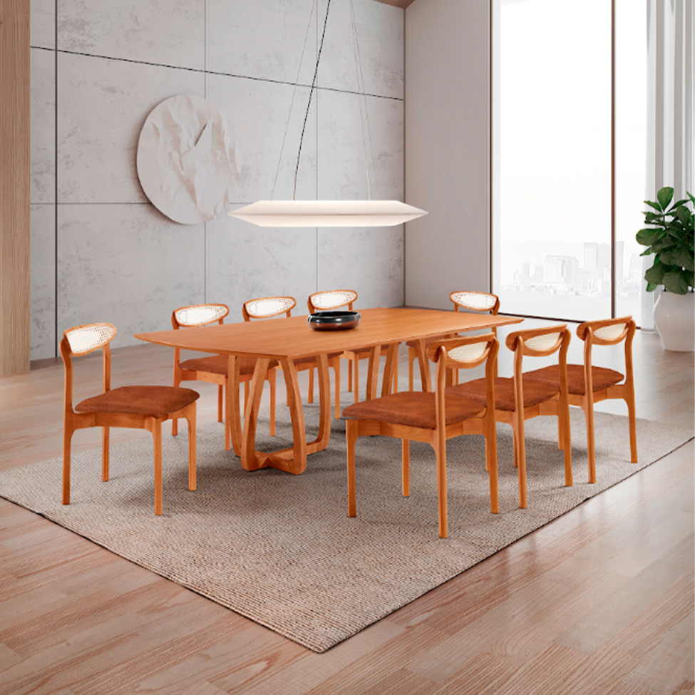 Conjunto de Mesa Retangular com Tampo Laminado Bellagio e 6 Cadeiras Itália Premium Tecido Sintético Puce e Cinamomo