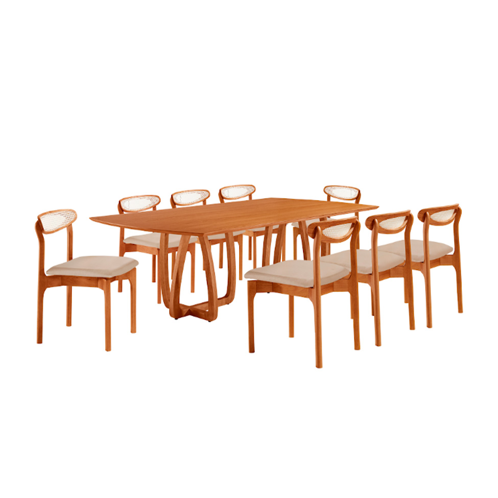 Conjunto de Mesa Retangular com Tampo Laminado Bellagio e 6 Cadeiras Itália Premium Veludo Bege e Cinamomo