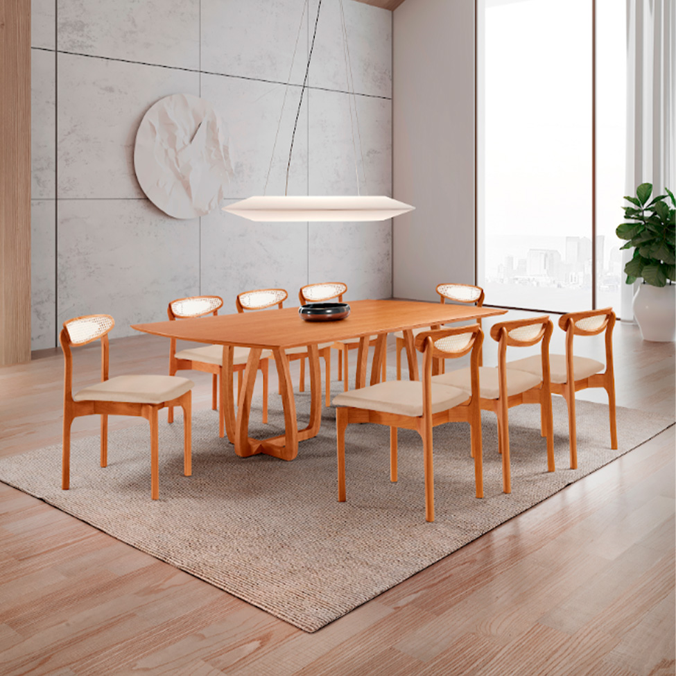 Conjunto de Mesa Retangular com Tampo Laminado Bellagio e 6 Cadeiras Itália Premium Veludo Bege e Cinamomo