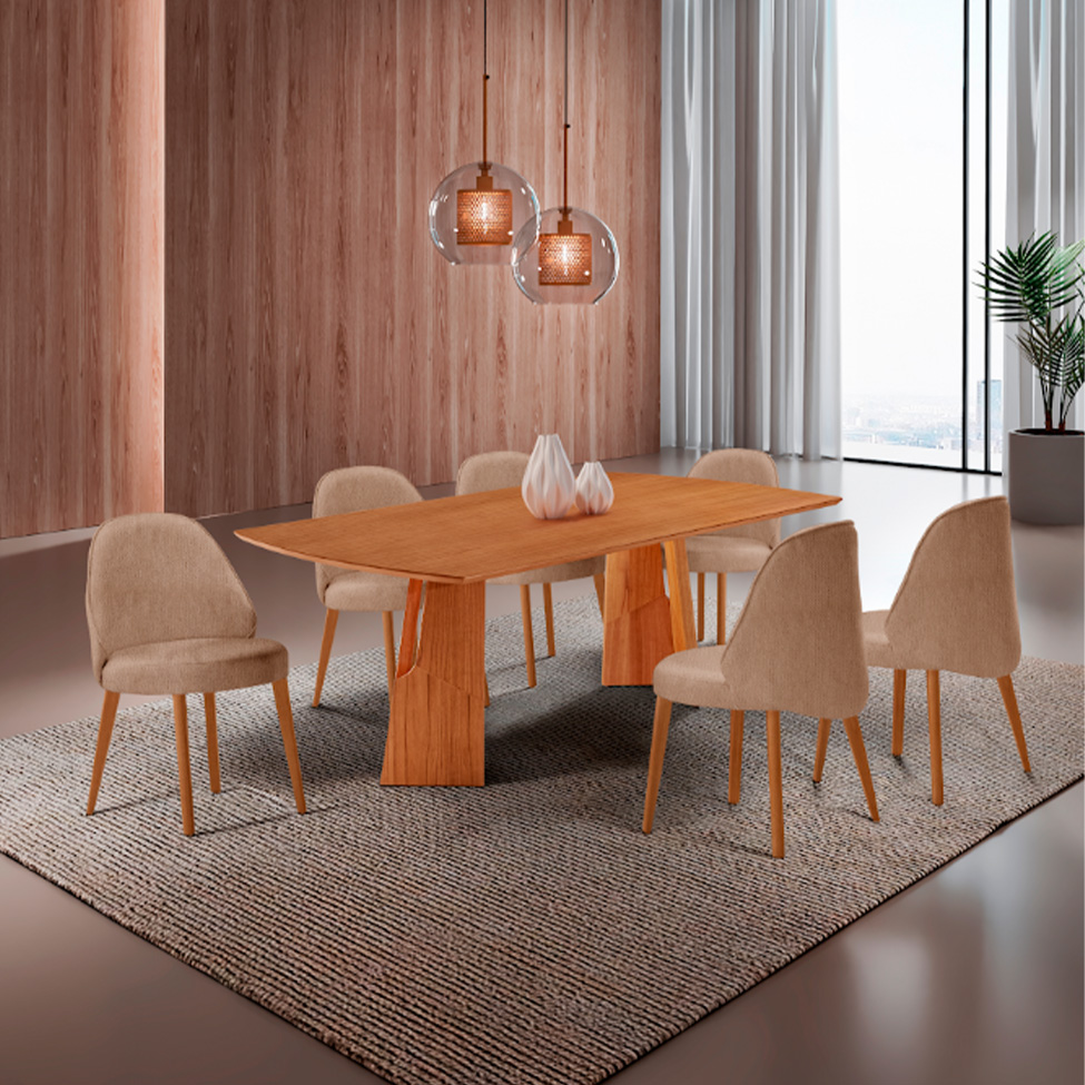 Conjunto de Mesa Retangular com Tampo Laminado Valência e 6 Cadeiras Floripa Linho Atacama e Cinamomo