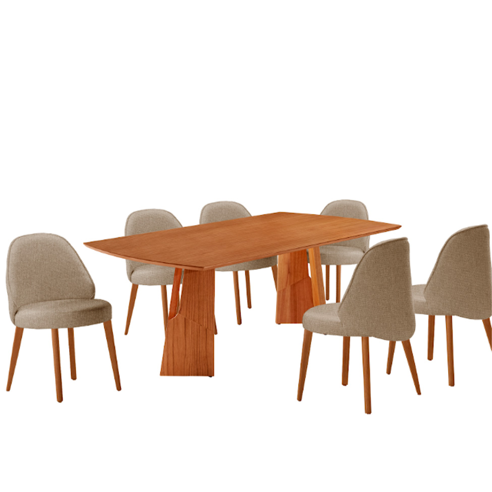 Conjunto de Mesa Retangular com Tampo Laminado Valência e 6 Cadeiras Floripa Linho Âmbar e Cinamomo