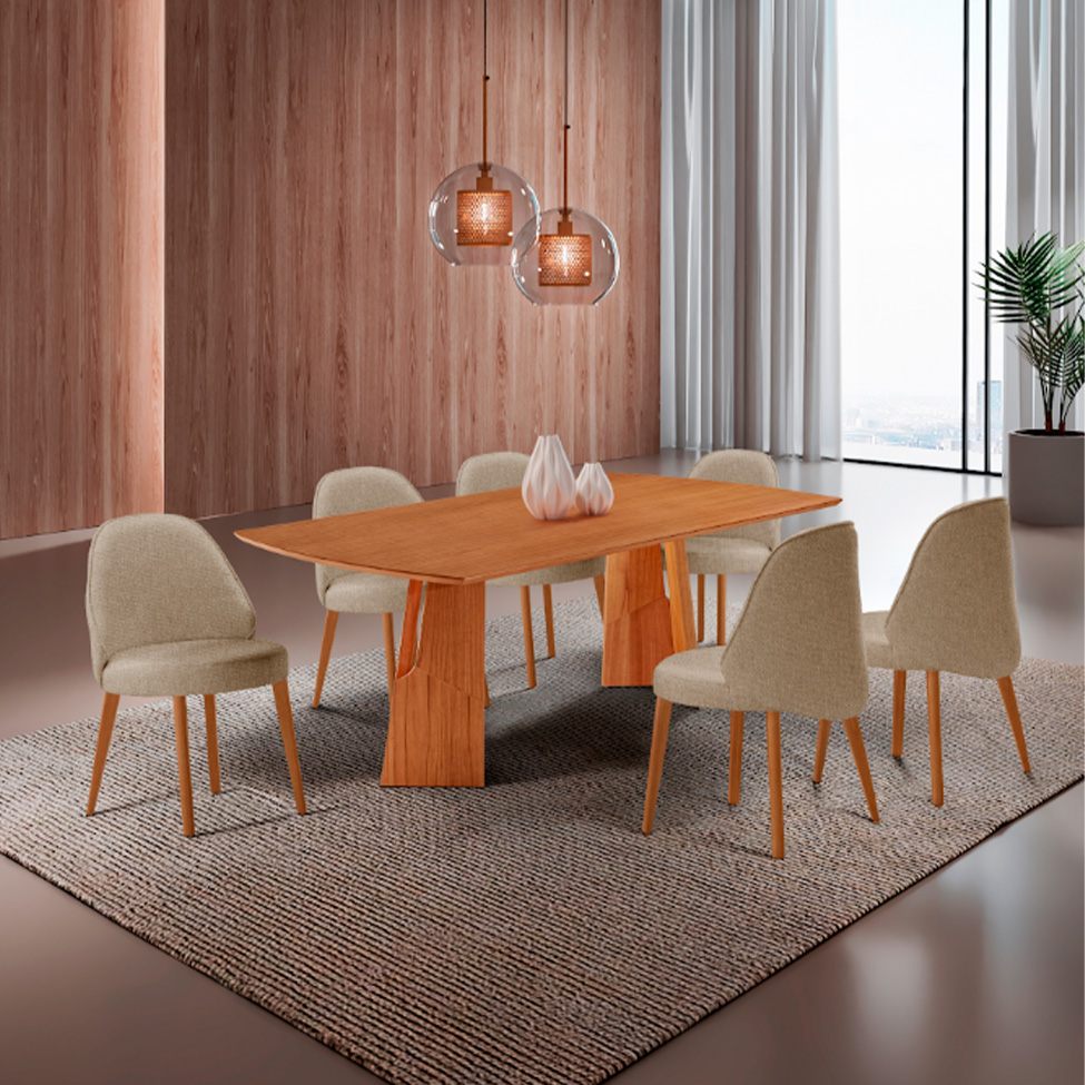 Conjunto de Mesa Retangular com Tampo Laminado Valência e 6 Cadeiras Floripa Linho Âmbar e Cinamomo