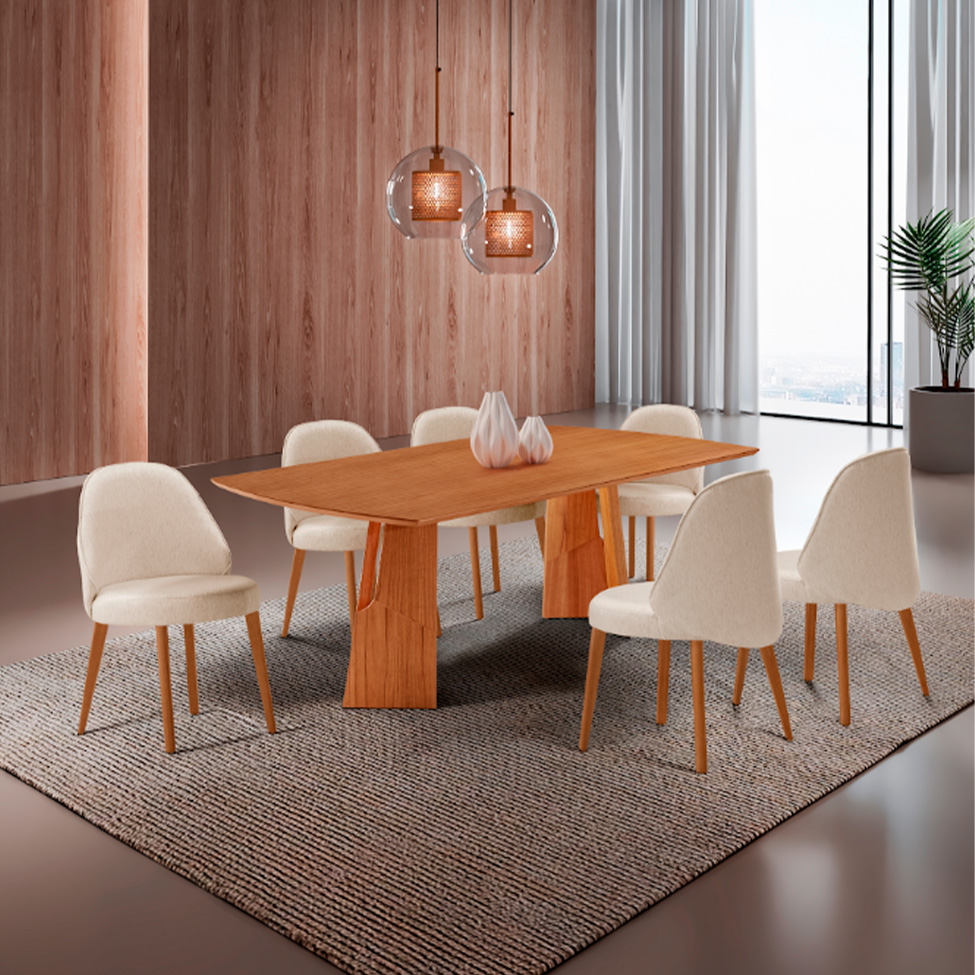 Conjunto de Mesa Retangular com Tampo Laminado Valência e 6 Cadeiras Floripa Linho Off White e Cinamomo