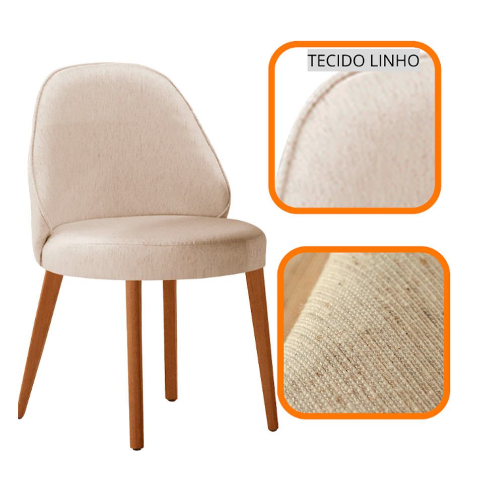 Conjunto de Mesa Retangular com Tampo Laminado Valência e 6 Cadeiras Floripa Linho Off White e Cinamomo