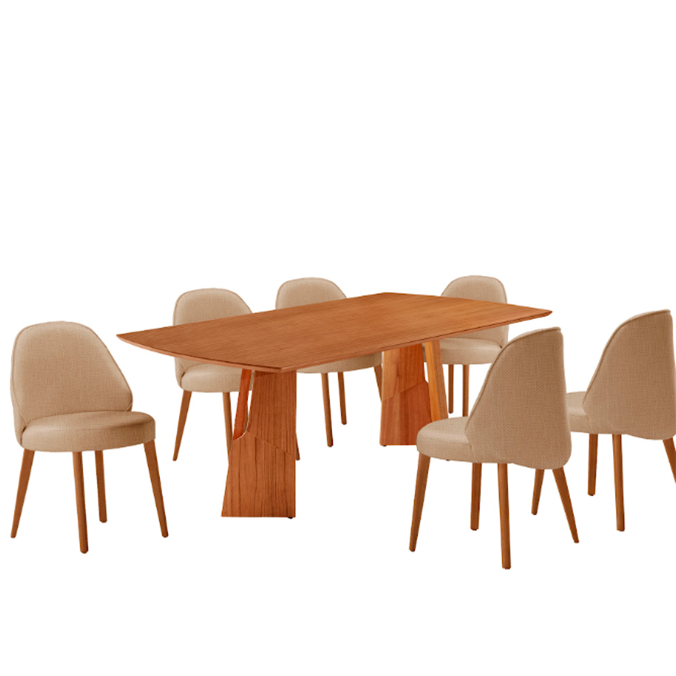 Conjunto de Mesa Retangular com Tampo Laminado Valência e 6 Cadeiras Floripa Linho Palha e Cinamomo