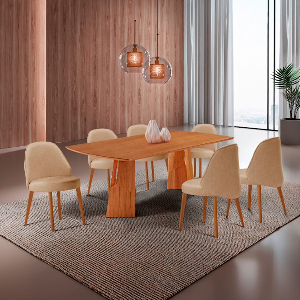 Conjunto de Mesa Retangular com Tampo Laminado Valência e 6 Cadeiras Floripa Linho Palha e Cinamomo