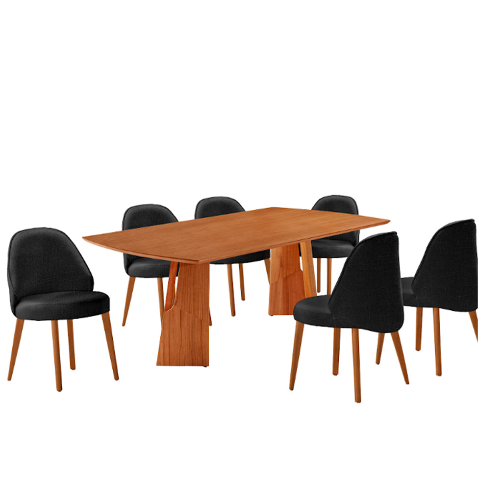 Conjunto de Mesa Retangular com Tampo Laminado Valência e 6 Cadeiras Floripa Linho Preto e Cinamomo