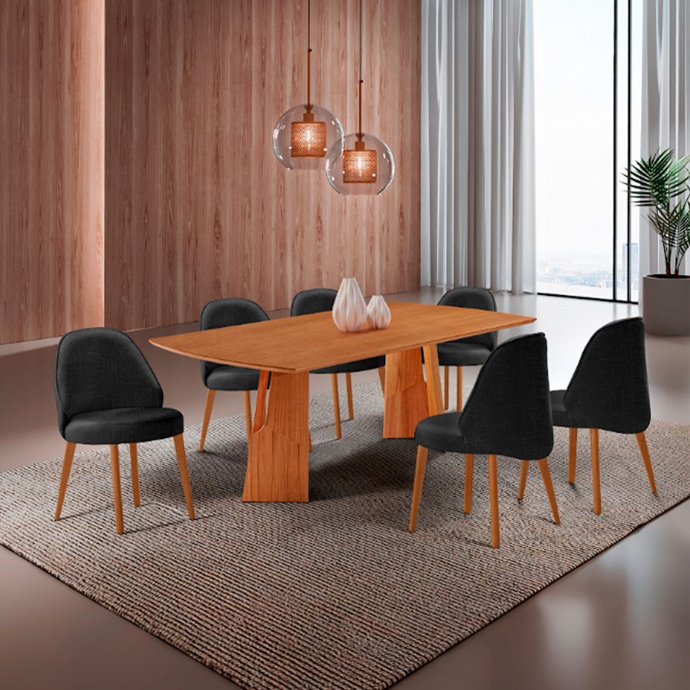 Conjunto de Mesa Retangular com Tampo Laminado Valência e 6 Cadeiras Floripa Linho Preto e Cinamomo