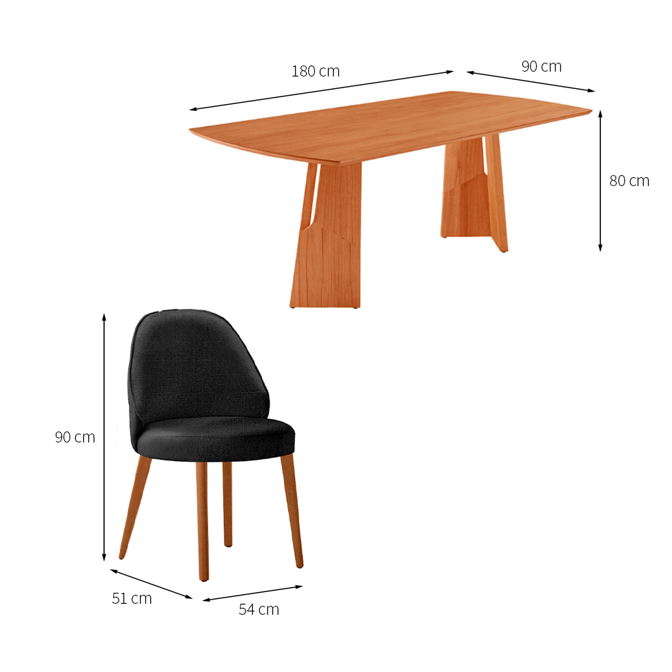 Conjunto de Mesa Retangular com Tampo Laminado Valência e 6 Cadeiras Floripa Linho Preto e Cinamomo