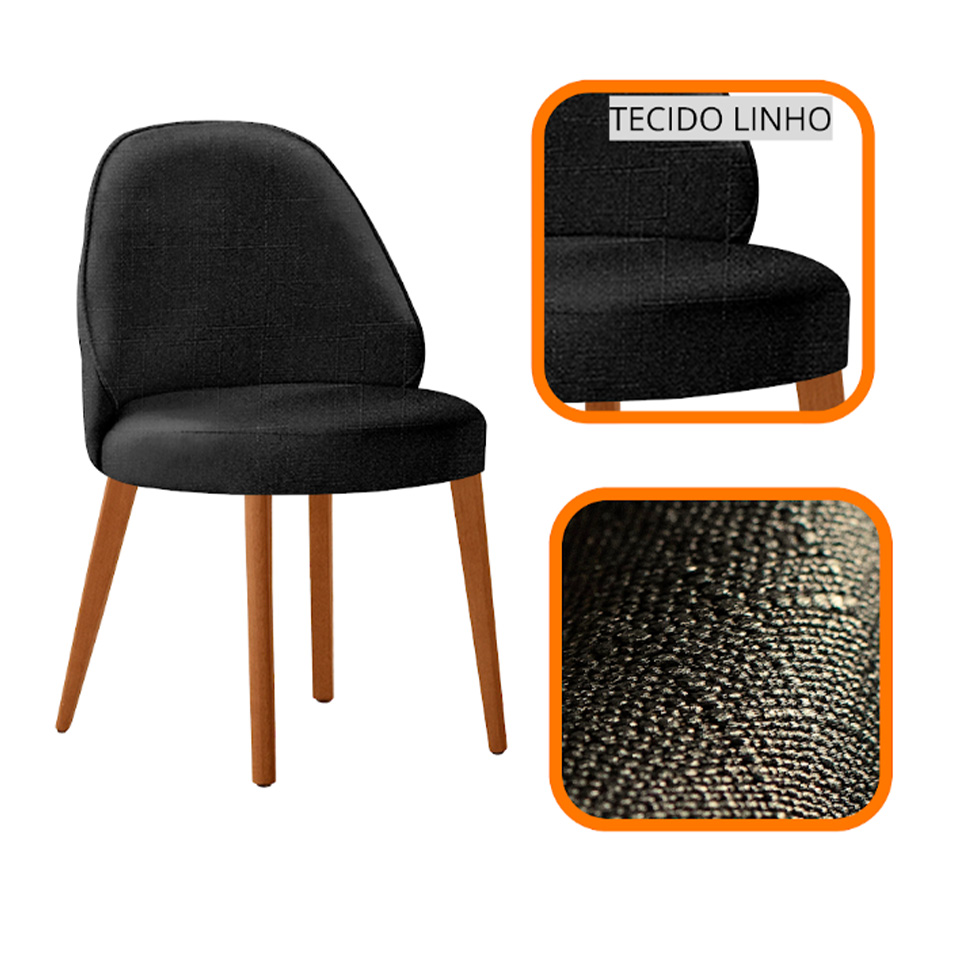 Conjunto de Mesa Retangular com Tampo Laminado Valência e 6 Cadeiras Floripa Linho Preto e Cinamomo