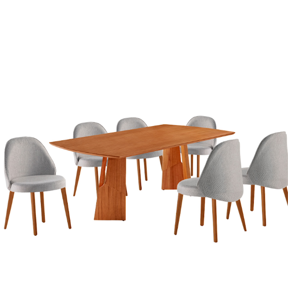 Conjunto de Mesa Retangular com Tampo Laminado Valência e 6 Cadeiras Floripa Linho Quartzo e Cinamomo