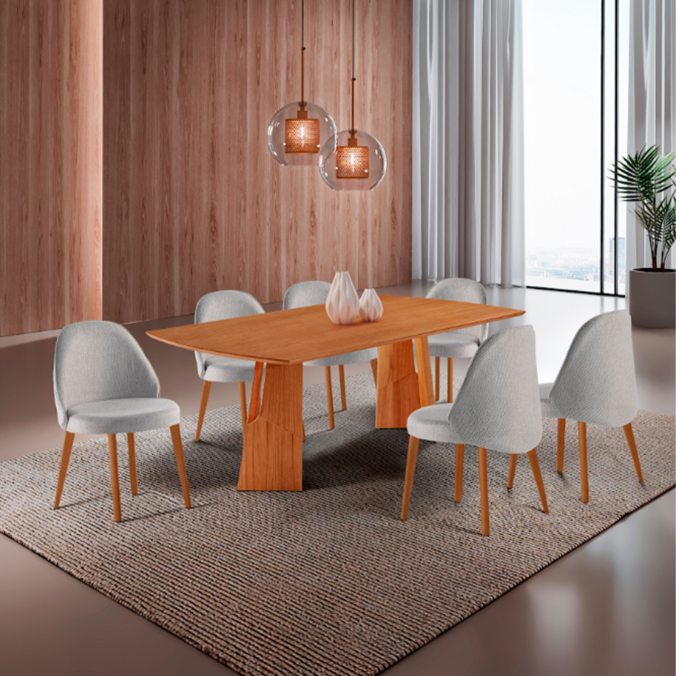 Conjunto de Mesa Retangular com Tampo Laminado Valência e 6 Cadeiras Floripa Linho Quartzo e Cinamomo